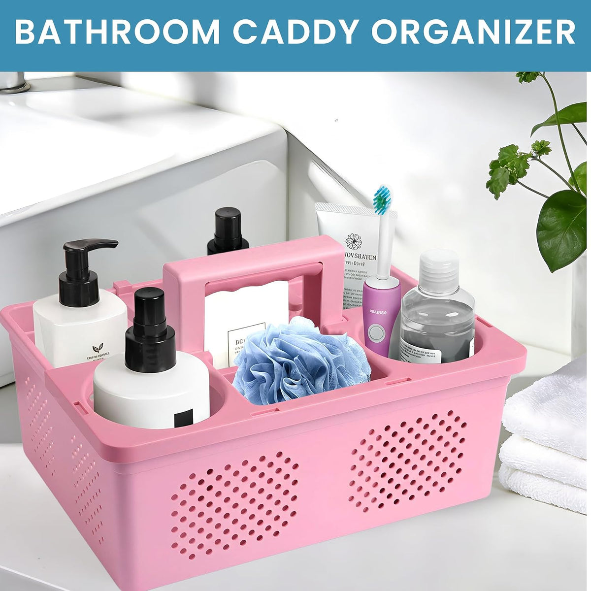 Portable Shower Caddy Dorm: Features handles and adjustable compartments，Ventilation and Drainage Hole Design Cleaning Basket，ideal for toiletries， Essential for college dorms-pink