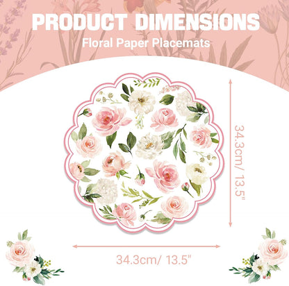 50PCS Floral Paper Placemats, Pink Roses Flower Paper Placemats Disposable, 13.5in Summer Table Mats for Wedding Anniversary Birthday Home Party Supplies Banquet Table Settings