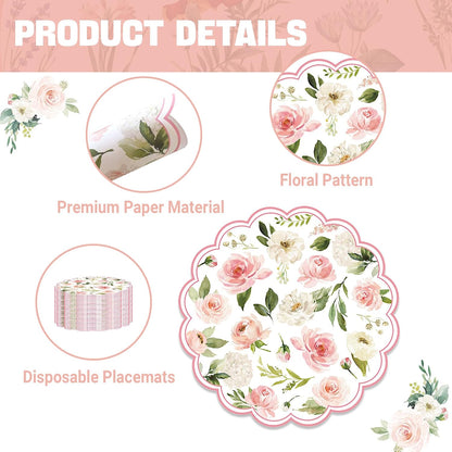 50PCS Floral Paper Placemats, Pink Roses Flower Paper Placemats Disposable, 13.5in Summer Table Mats for Wedding Anniversary Birthday Home Party Supplies Banquet Table Settings