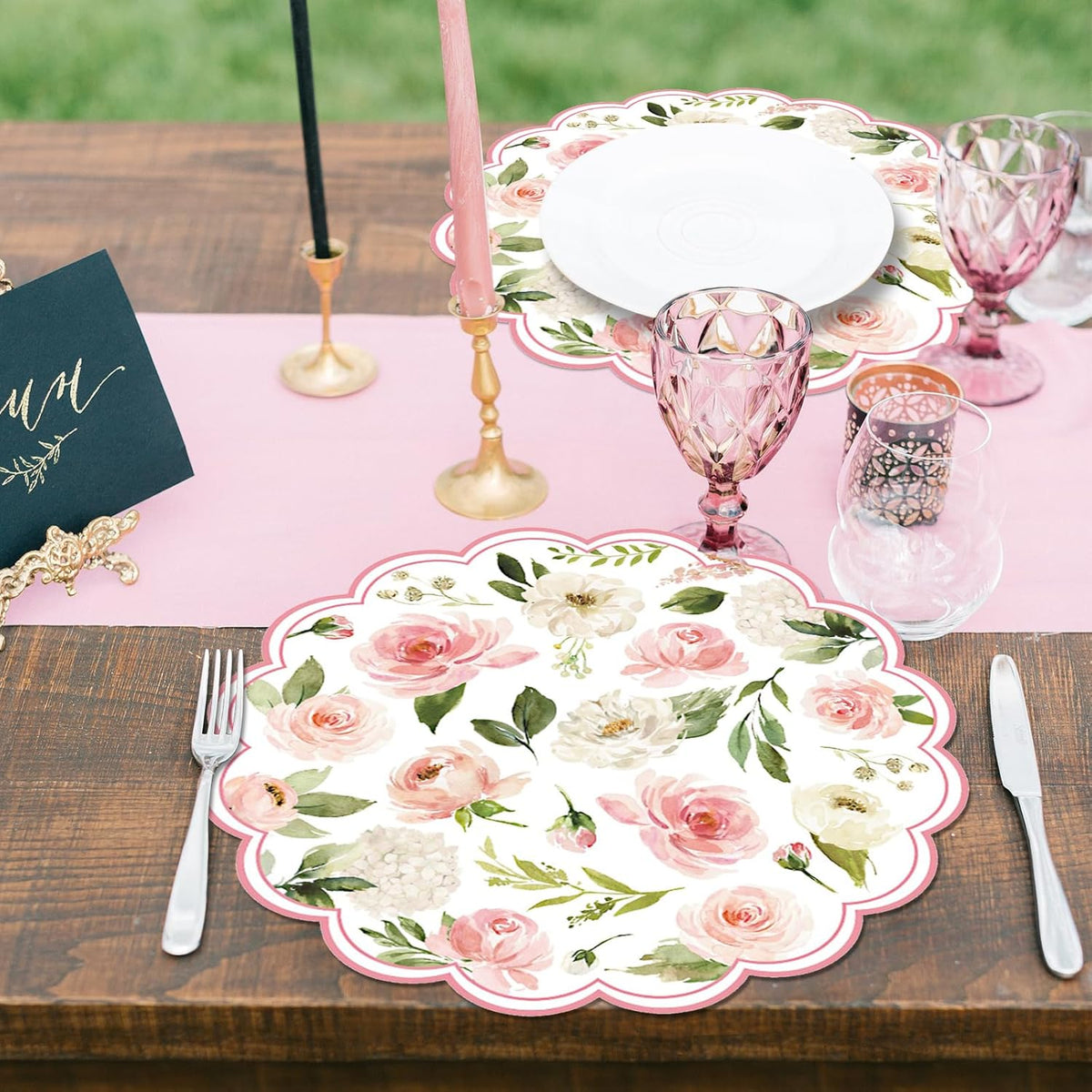 50PCS Floral Paper Placemats, Pink Roses Flower Paper Placemats Disposable, 13.5in Summer Table Mats for Wedding Anniversary Birthday Home Party Supplies Banquet Table Settings