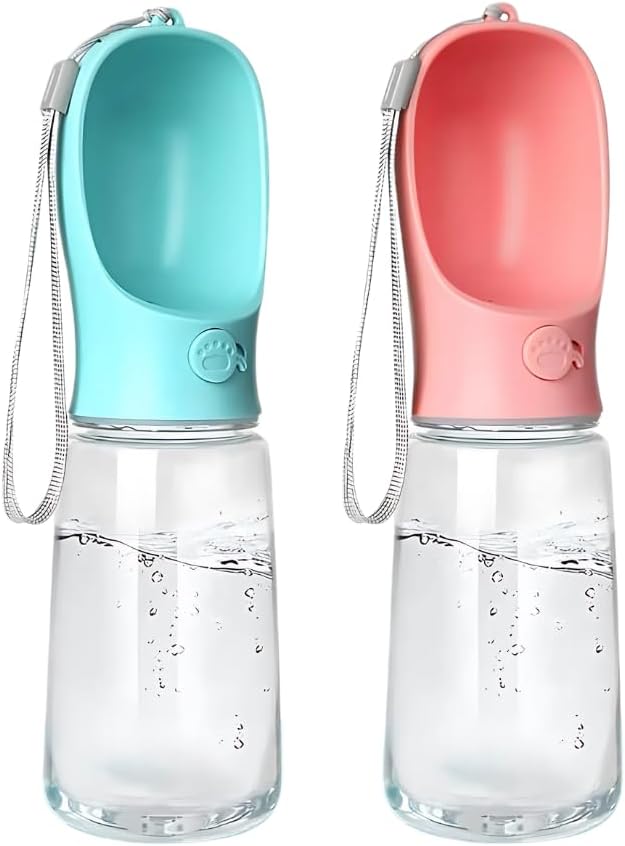 Portable Pet Water Bottle with Drinking Bowl, 12 oz, Pink and Turquoise (Blue, Medium)