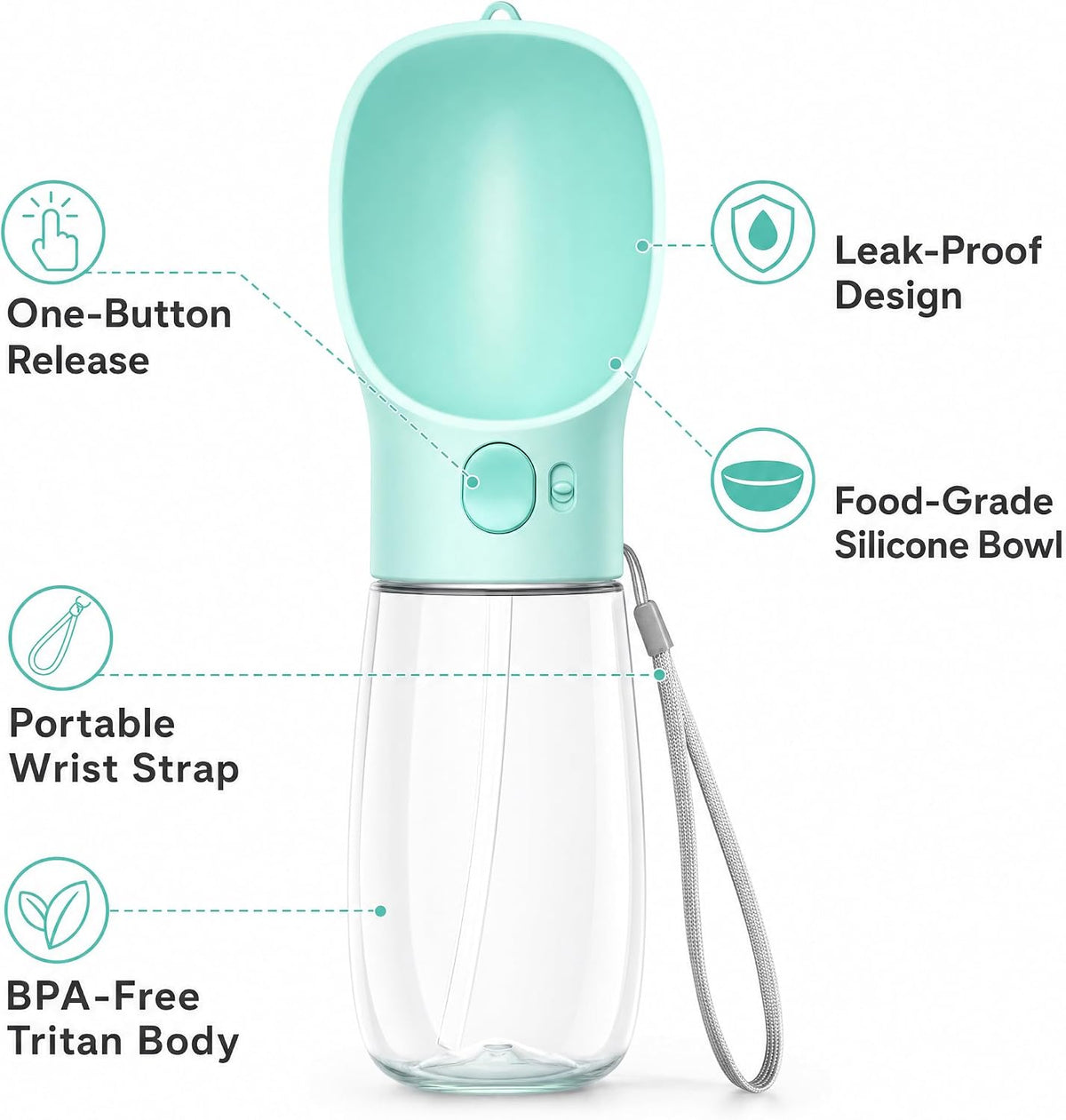 Portable Pet Water Bottle with Drinking Bowl, 12 oz, Pink and Turquoise (Blue, Medium)