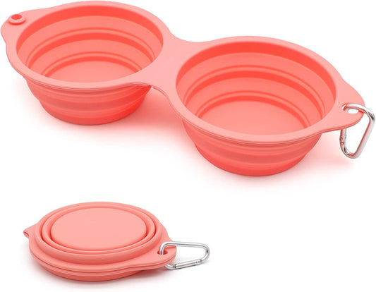 Collapsible Dog Bowls,Integrated Molding Dog Double Bowl No Plastic Rim 2 in 1 Foldable Pet Food & Water Bowl Cat Feeder Dish for Walking,Hiking,Camping (Coral Pink)