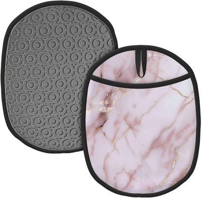 Light Pink Marble Texture with Gold Veining Silicone Pot Holders,2pcs, Heat Resistant Oven Mitts Large Potholders for Kitchen Cooking Baking Hot Pads