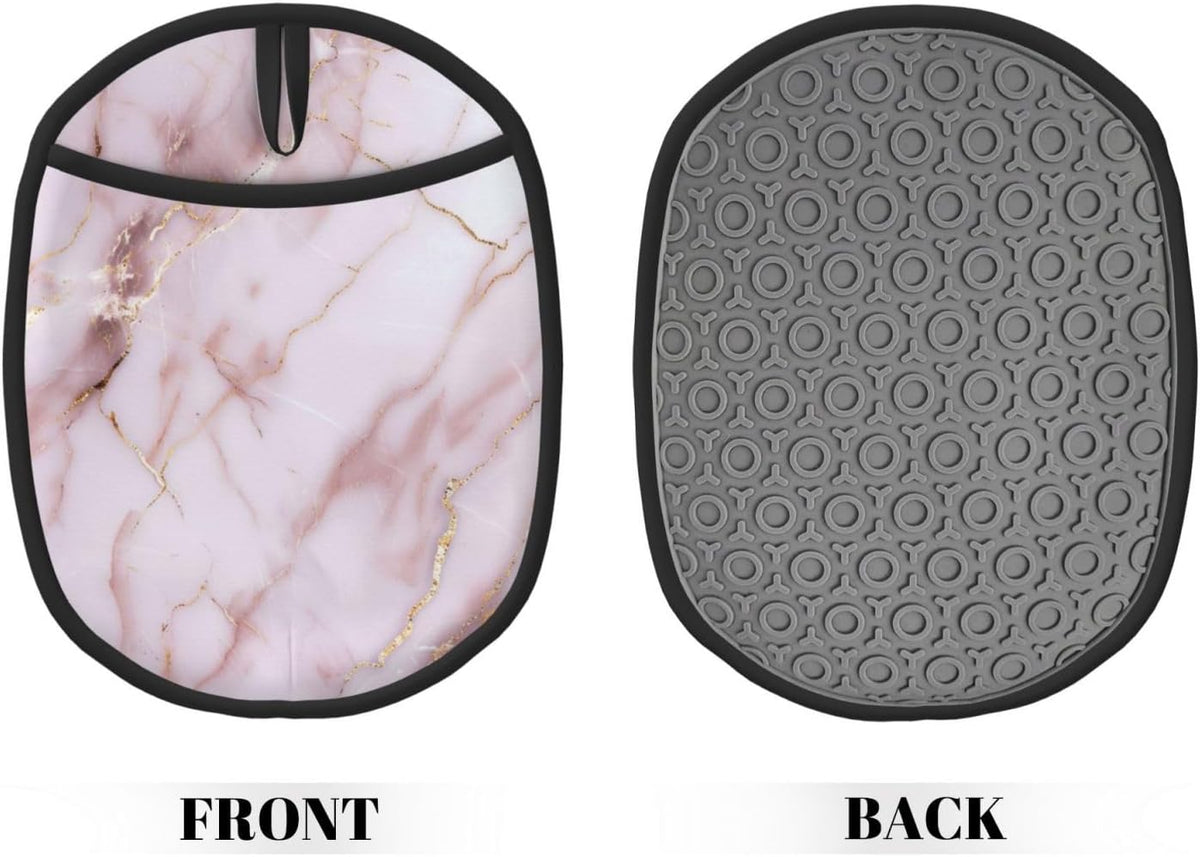 Light Pink Marble Texture with Gold Veining Silicone Pot Holders,2pcs, Heat Resistant Oven Mitts Large Potholders for Kitchen Cooking Baking Hot Pads