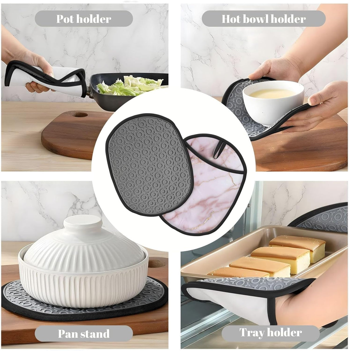 Light Pink Marble Texture with Gold Veining Silicone Pot Holders,2pcs, Heat Resistant Oven Mitts Large Potholders for Kitchen Cooking Baking Hot Pads