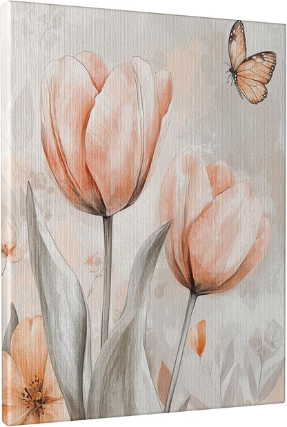 Spring Floral Wall Art, Peach Gray Tulips Painting, Modern Aesthetic Decor For Living Room, Bedroom, Office, Unframed 16x20 Inch