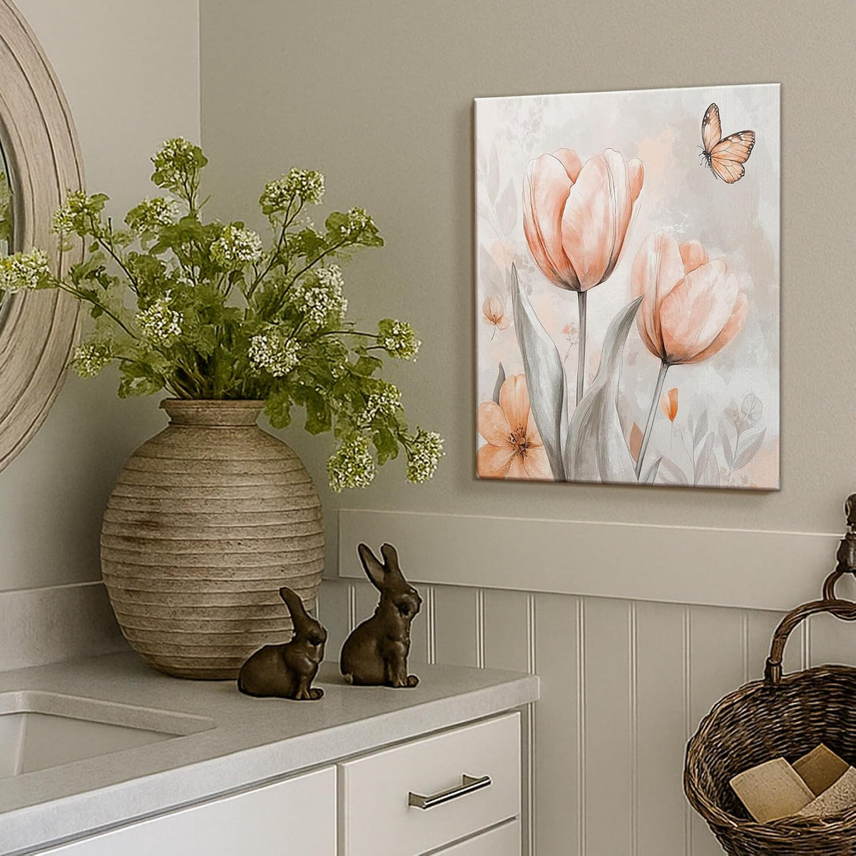 Spring Floral Wall Art, Peach Gray Tulips Painting, Modern Aesthetic Decor For Living Room, Bedroom, Office, Unframed 16x20 Inch