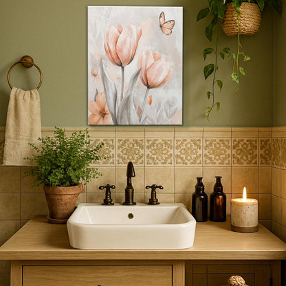 Spring Floral Wall Art, Peach Gray Tulips Painting, Modern Aesthetic Decor For Living Room, Bedroom, Office, Unframed 16x20 Inch