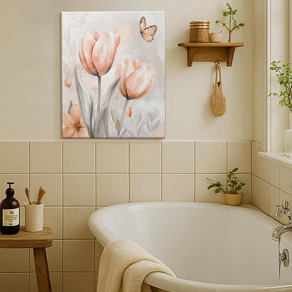 Spring Floral Wall Art, Peach Gray Tulips Painting, Modern Aesthetic Decor For Living Room, Bedroom, Office, Unframed 16x20 Inch