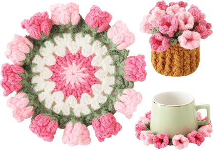 Crochet Flower Coasters, Handmade Bouquet Coasters with Crochet Plant Pot (Pink, 1Pc)