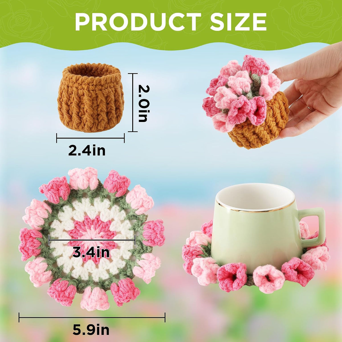 Crochet Flower Coasters, Handmade Bouquet Coasters with Crochet Plant Pot (Pink, 1Pc)