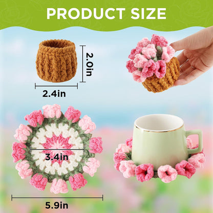 Crochet Flower Coasters, Handmade Bouquet Coasters with Crochet Plant Pot (Pink, 1Pc)