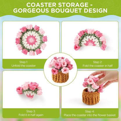 Crochet Flower Coasters, Handmade Bouquet Coasters with Crochet Plant Pot (Pink, 1Pc)