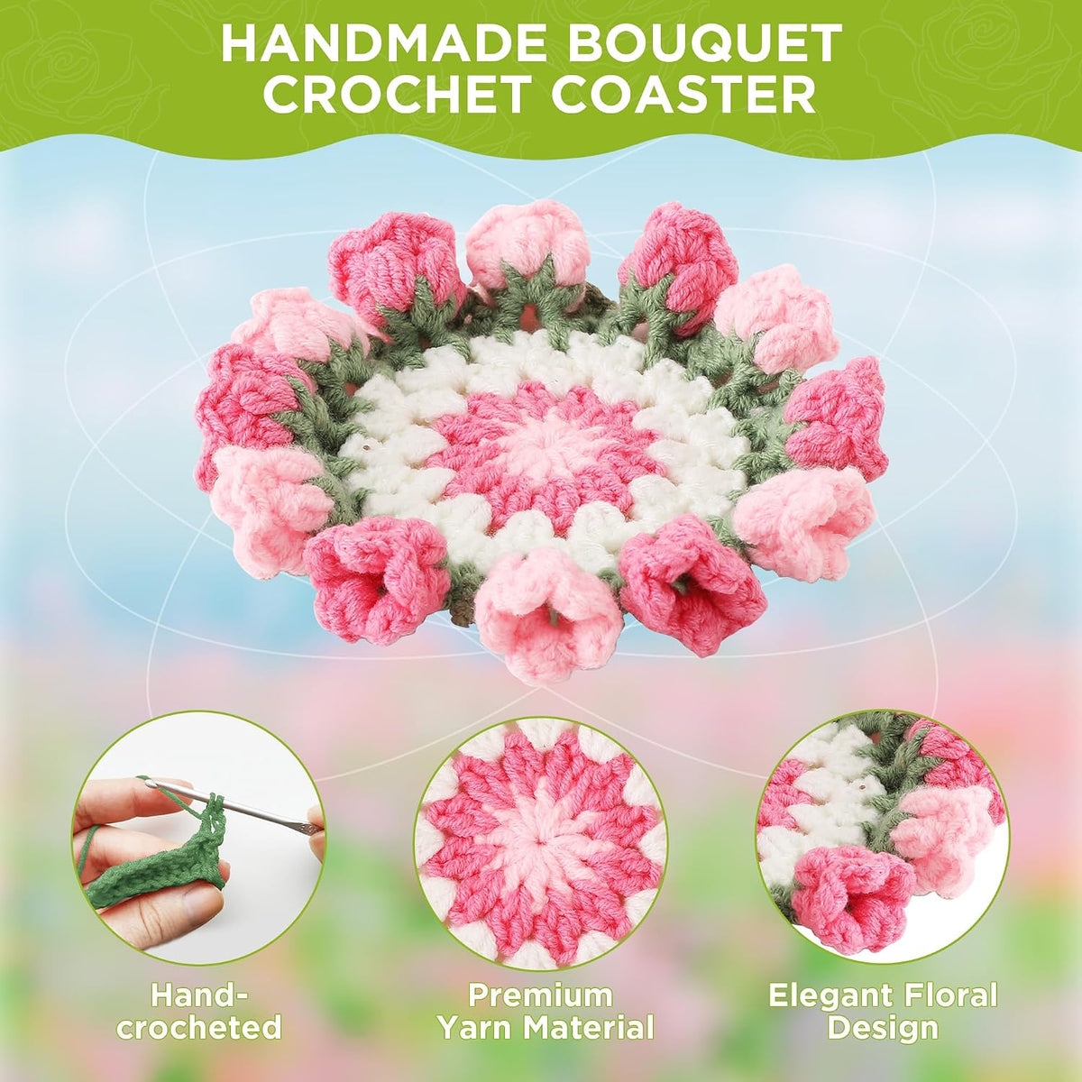 Crochet Flower Coasters, Handmade Bouquet Coasters with Crochet Plant Pot (Pink, 1Pc)