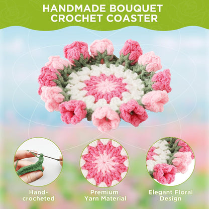Crochet Flower Coasters, Handmade Bouquet Coasters with Crochet Plant Pot (Pink, 1Pc)
