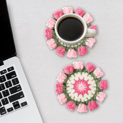 Crochet Flower Coasters, Handmade Bouquet Coasters with Crochet Plant Pot (Pink, 1Pc)