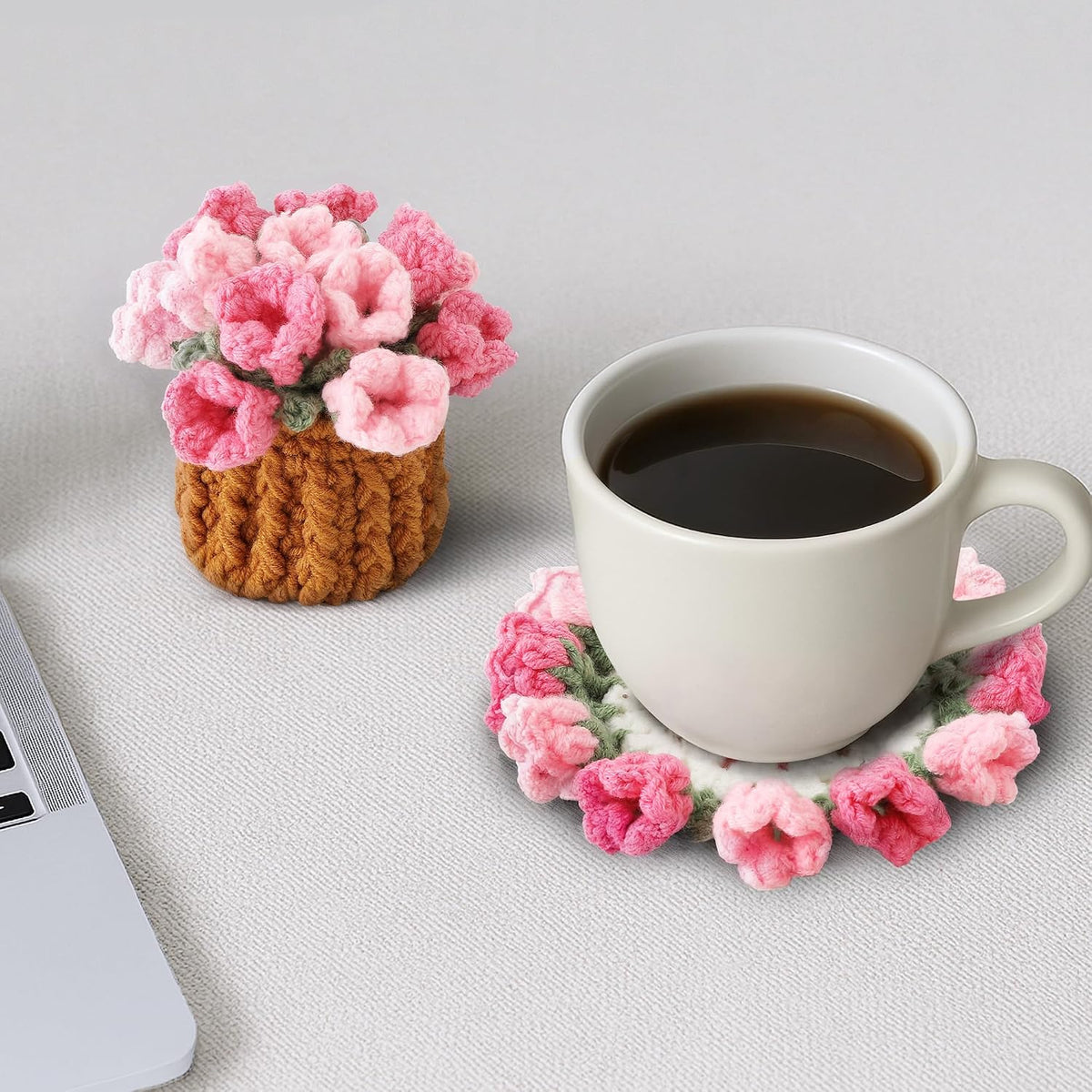 Crochet Flower Coasters, Handmade Bouquet Coasters with Crochet Plant Pot (Pink, 1Pc)