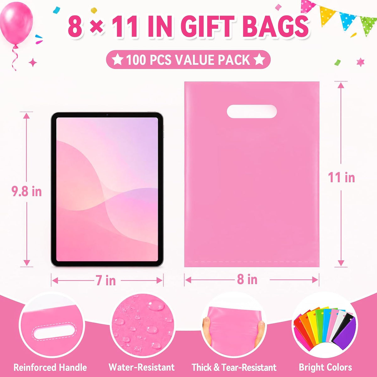 100 Pcs Pink Party Favor Gift Bags 8x11, Small Goodie Bag Bulk