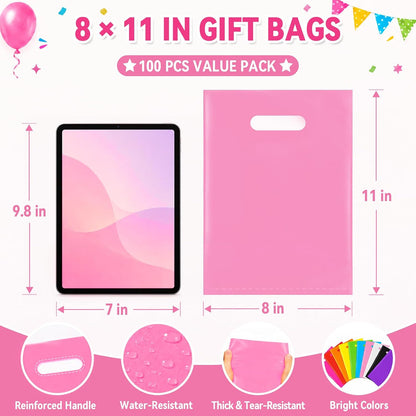 100 Pcs Pink Party Favor Gift Bags 8x11, Small Goodie Bag Bulk
