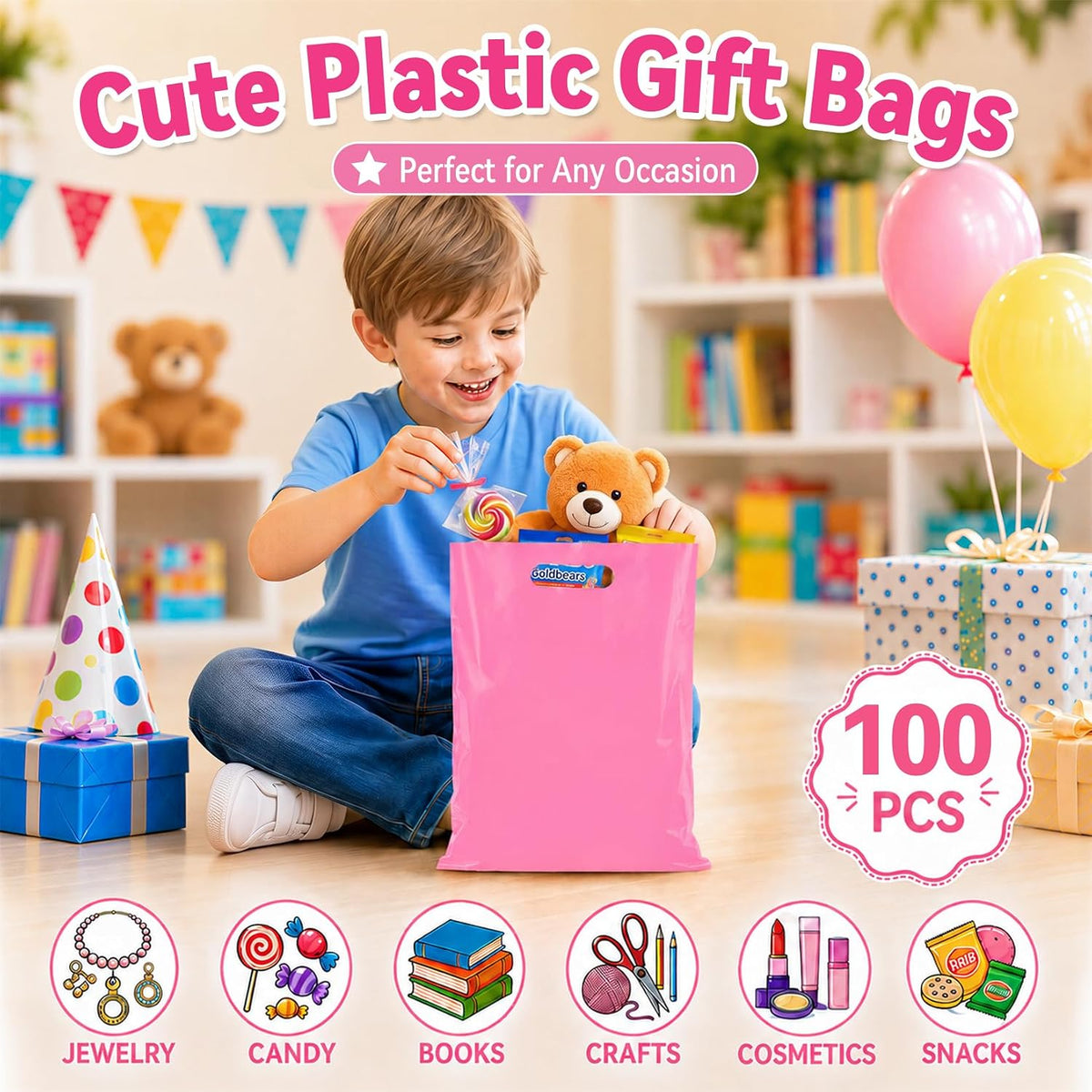 100 Pcs Pink Party Favor Gift Bags 8x11, Small Goodie Bag Bulk