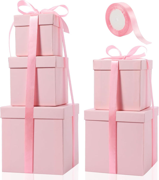 5 Pcs Square Nesting Boxes Decorative Gift Boxes with Lid and Ribbon Assorted Sizes Wrap for Wedding, Carnival, Anniversary, Birthday, Bridal Shower Party Gifts(Pink)
