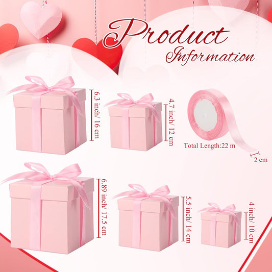 5 Pcs Square Nesting Boxes Decorative Gift Boxes with Lid and Ribbon Assorted Sizes Wrap for Wedding, Carnival, Anniversary, Birthday, Bridal Shower Party Gifts(Pink)