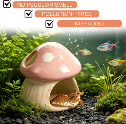 Ceramics Mushroom House Aquarium Decor, Betta Fish Tank Accessories Landscape Decoration, Small Shrimp Goldfishes Habitat Hut Pleco Smalland Breeding Hide Caves Toad House - Pink