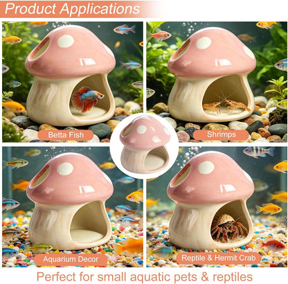 Ceramics Mushroom House Aquarium Decor, Betta Fish Tank Accessories Landscape Decoration, Small Shrimp Goldfishes Habitat Hut Pleco Smalland Breeding Hide Caves Toad House - Pink