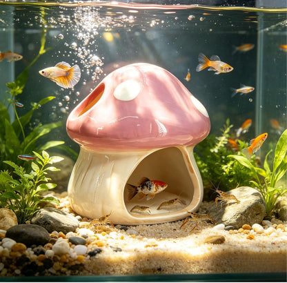 Ceramics Mushroom House Aquarium Decor, Betta Fish Tank Accessories Landscape Decoration, Small Shrimp Goldfishes Habitat Hut Pleco Smalland Breeding Hide Caves Toad House - Pink