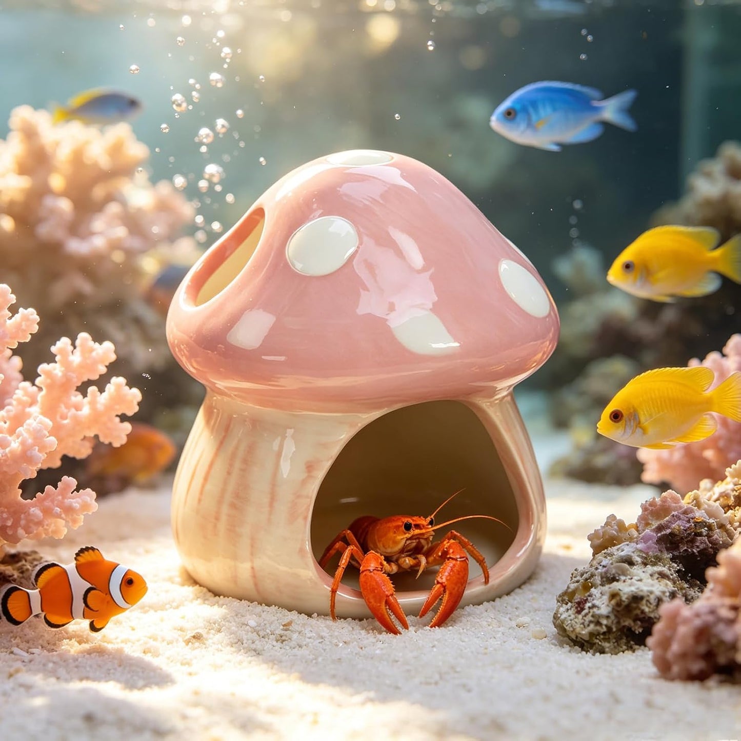 Ceramics Mushroom House Aquarium Decor, Betta Fish Tank Accessories Landscape Decoration, Small Shrimp Goldfishes Habitat Hut Pleco Smalland Breeding Hide Caves Toad House - Pink