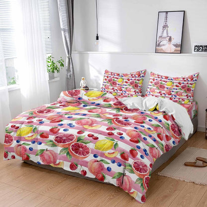 Summer Peach Lemon Grapefruit Comforter Set Cal King, Blueberry Strawberry Pink Stripe Soft Bedding Set for Man Woman, 4 Pieces Duvet Cover Set with Fitted Sheet, 2 Pillowcases