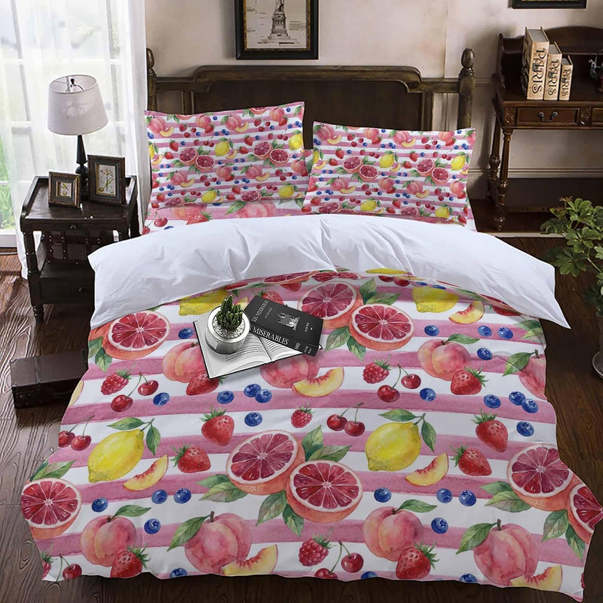 Summer Peach Lemon Grapefruit Comforter Set Cal King, Blueberry Strawberry Pink Stripe Soft Bedding Set for Man Woman, 4 Pieces Duvet Cover Set with Fitted Sheet, 2 Pillowcases