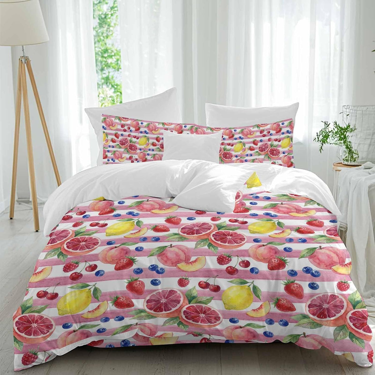 Summer Peach Lemon Grapefruit Comforter Set Cal King, Blueberry Strawberry Pink Stripe Soft Bedding Set for Man Woman, 4 Pieces Duvet Cover Set with Fitted Sheet, 2 Pillowcases