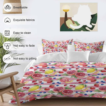 Summer Peach Lemon Grapefruit Comforter Set Cal King, Blueberry Strawberry Pink Stripe Soft Bedding Set for Man Woman, 4 Pieces Duvet Cover Set with Fitted Sheet, 2 Pillowcases