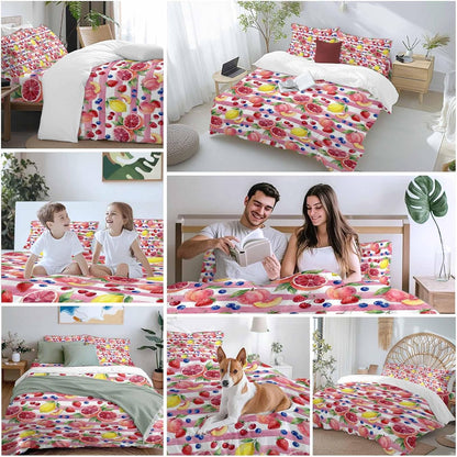Summer Peach Lemon Grapefruit Comforter Set Cal King, Blueberry Strawberry Pink Stripe Soft Bedding Set for Man Woman, 4 Pieces Duvet Cover Set with Fitted Sheet, 2 Pillowcases