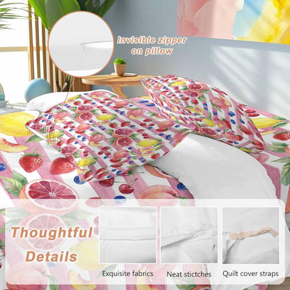 Summer Peach Lemon Grapefruit Comforter Set Cal King, Blueberry Strawberry Pink Stripe Soft Bedding Set for Man Woman, 4 Pieces Duvet Cover Set with Fitted Sheet, 2 Pillowcases