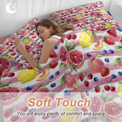 Summer Peach Lemon Grapefruit Comforter Set Cal King, Blueberry Strawberry Pink Stripe Soft Bedding Set for Man Woman, 4 Pieces Duvet Cover Set with Fitted Sheet, 2 Pillowcases