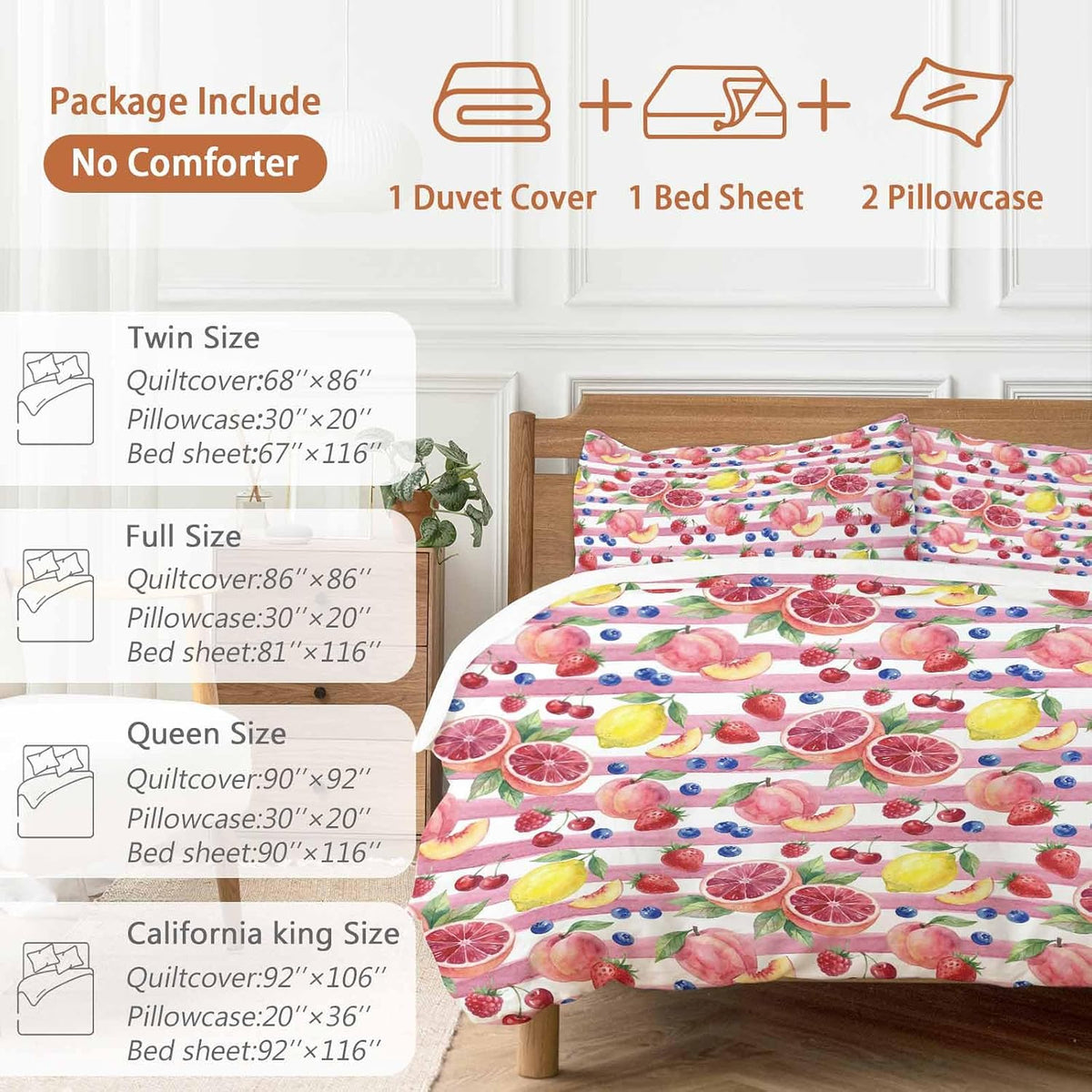 Summer Peach Lemon Grapefruit Comforter Set Cal King, Blueberry Strawberry Pink Stripe Soft Bedding Set for Man Woman, 4 Pieces Duvet Cover Set with Fitted Sheet, 2 Pillowcases