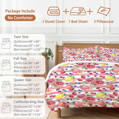 Summer Peach Lemon Grapefruit Comforter Set Cal King, Blueberry Strawberry Pink Stripe Soft Bedding Set for Man Woman, 4 Pieces Duvet Cover Set with Fitted Sheet, 2 Pillowcases