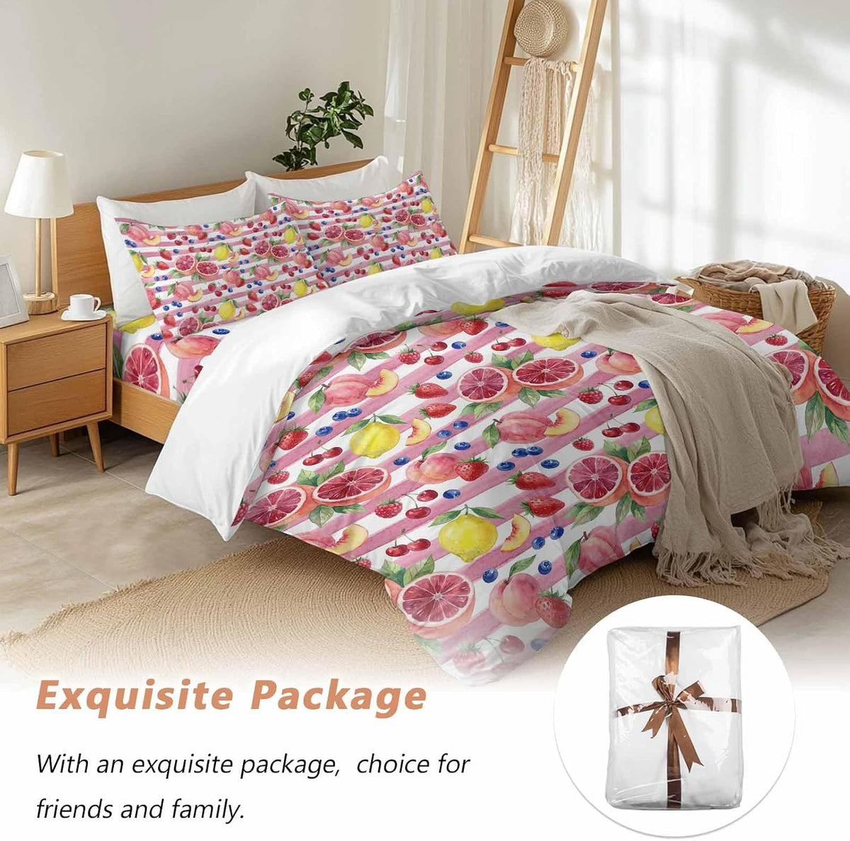 Summer Peach Lemon Grapefruit Comforter Set Cal King, Blueberry Strawberry Pink Stripe Soft Bedding Set for Man Woman, 4 Pieces Duvet Cover Set with Fitted Sheet, 2 Pillowcases