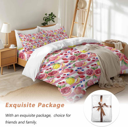 Summer Peach Lemon Grapefruit Comforter Set Cal King, Blueberry Strawberry Pink Stripe Soft Bedding Set for Man Woman, 4 Pieces Duvet Cover Set with Fitted Sheet, 2 Pillowcases