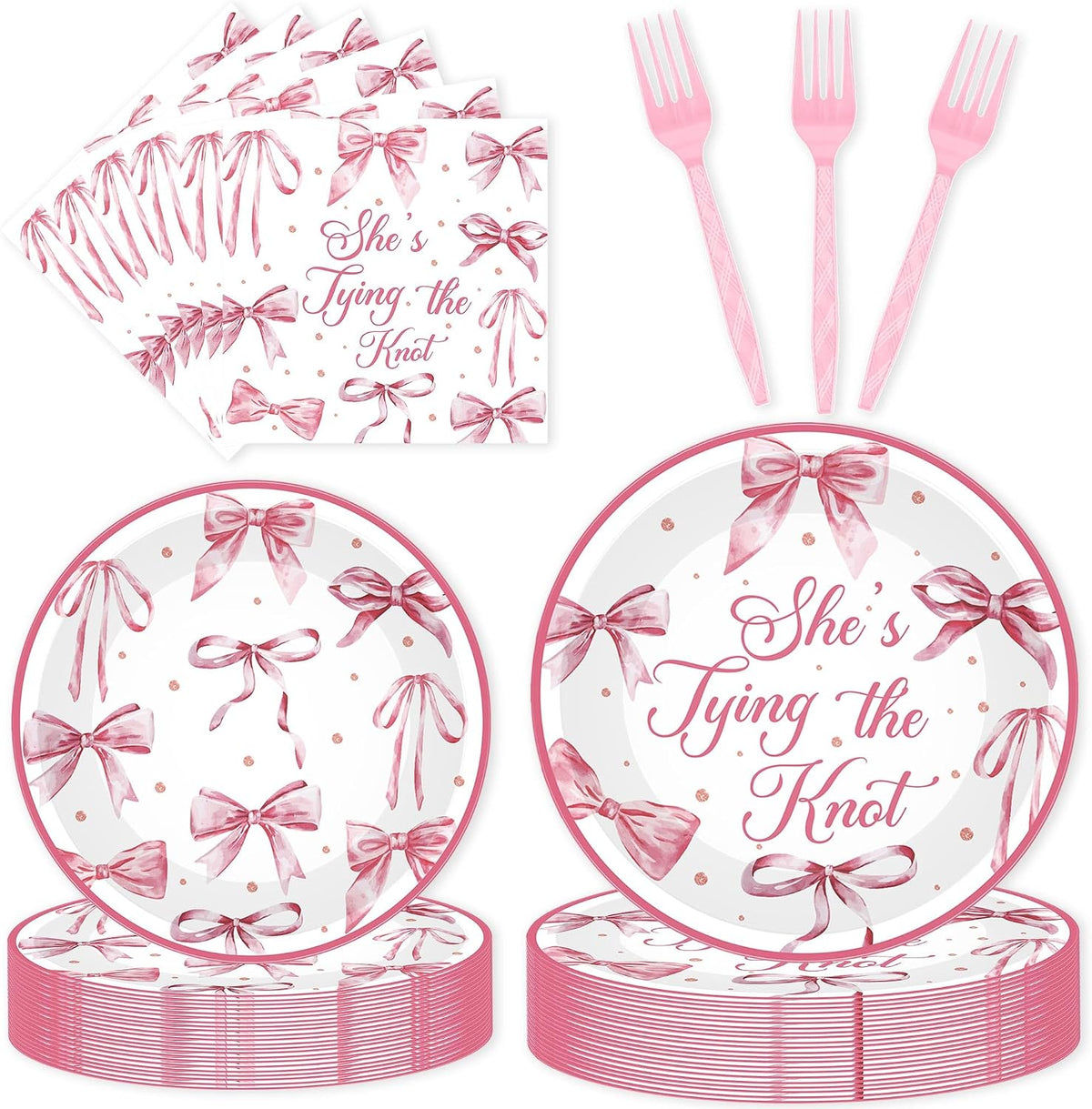 96 Pcs Shes Tying the Knot Bridal Shower Decorations, Pink Bow Tableware