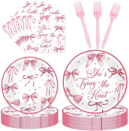 96 Pcs Shes Tying the Knot Bridal Shower Decorations, Pink Bow Tableware
