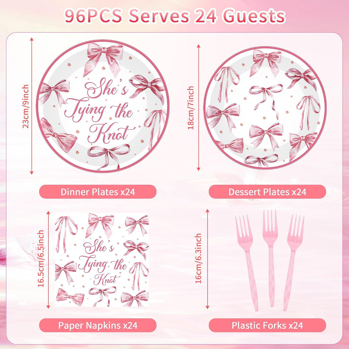 96 Pcs Shes Tying the Knot Bridal Shower Decorations, Pink Bow Tableware