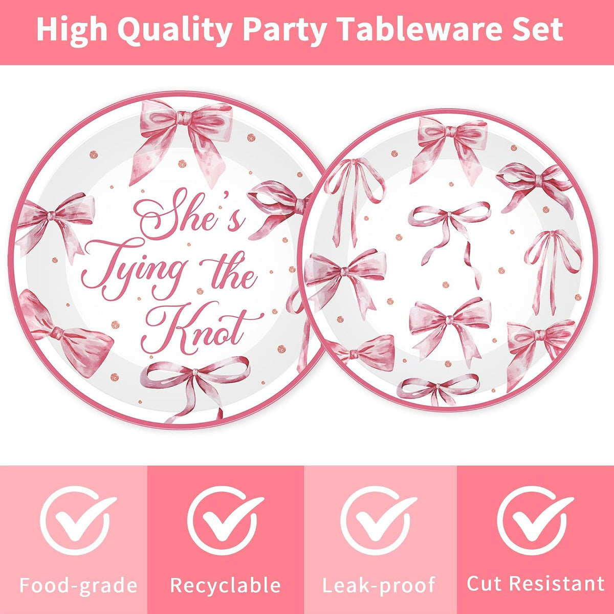 96 Pcs Shes Tying the Knot Bridal Shower Decorations, Pink Bow Tableware
