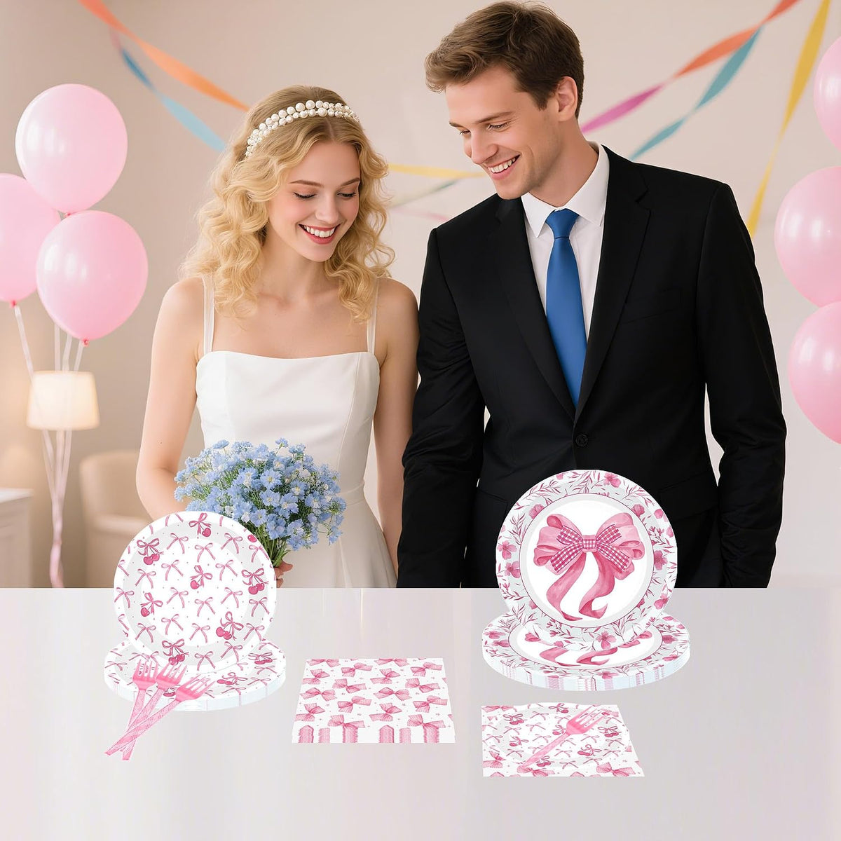 96 Pcs Shes Tying the Knot Bridal Shower Decorations, Pink Bow Tableware