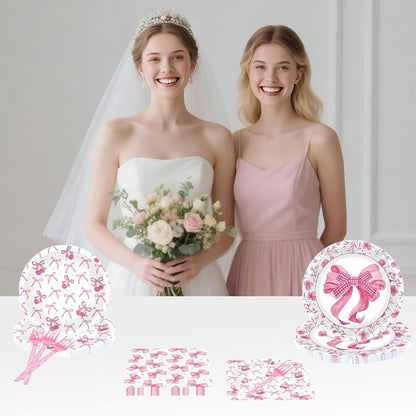 96 Pcs Shes Tying the Knot Bridal Shower Decorations, Pink Bow Tableware