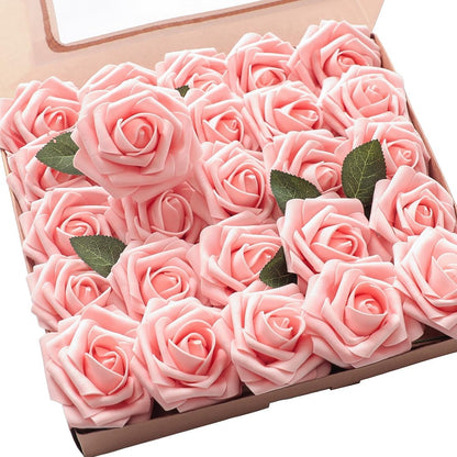 Artificial Flowers 25pcs Realistic Peach Pink Foam Fake Roses with Stems for DIY Wedding Bouquets Bridal Shower Centerpieces Floral Arrangements Party Tables Home Decorations