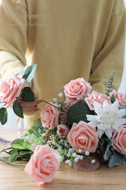 Artificial Flowers 25pcs Realistic Peach Pink Foam Fake Roses with Stems for DIY Wedding Bouquets Bridal Shower Centerpieces Floral Arrangements Party Tables Home Decorations